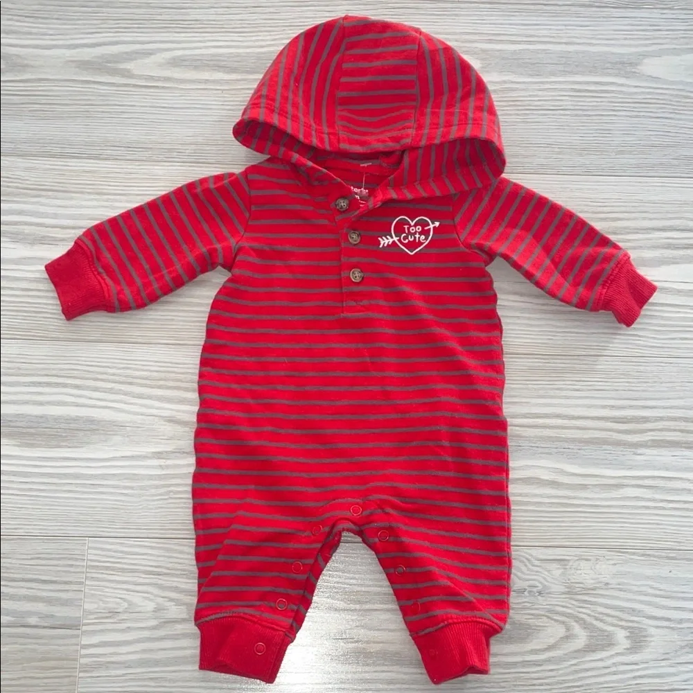 Carter’s Boys One-Piece Outfit 3M Red Gray Striped Hooded